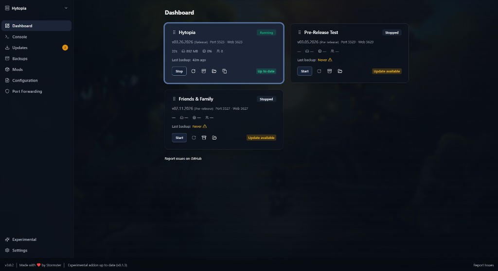 Hytale Server Manager dashboard showing multiple server instances and update status