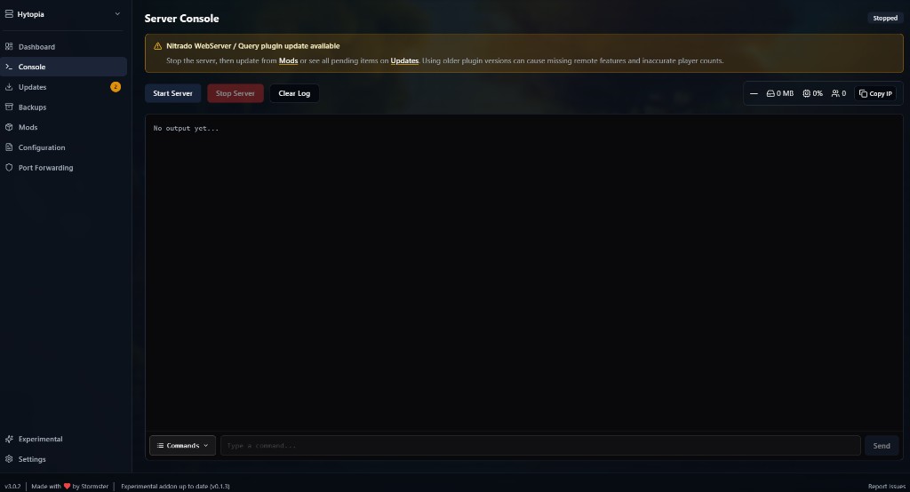 Hytale Server Manager server console view with controls and logs