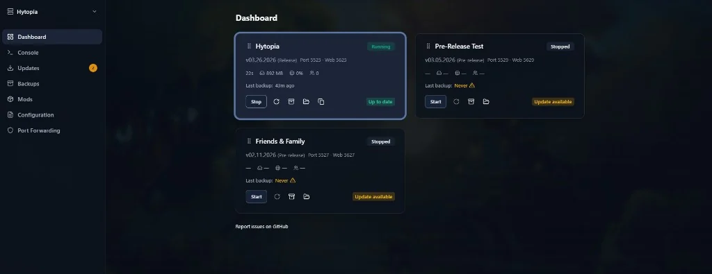 Hytale Server Manager dashboard showing several server instances and their status